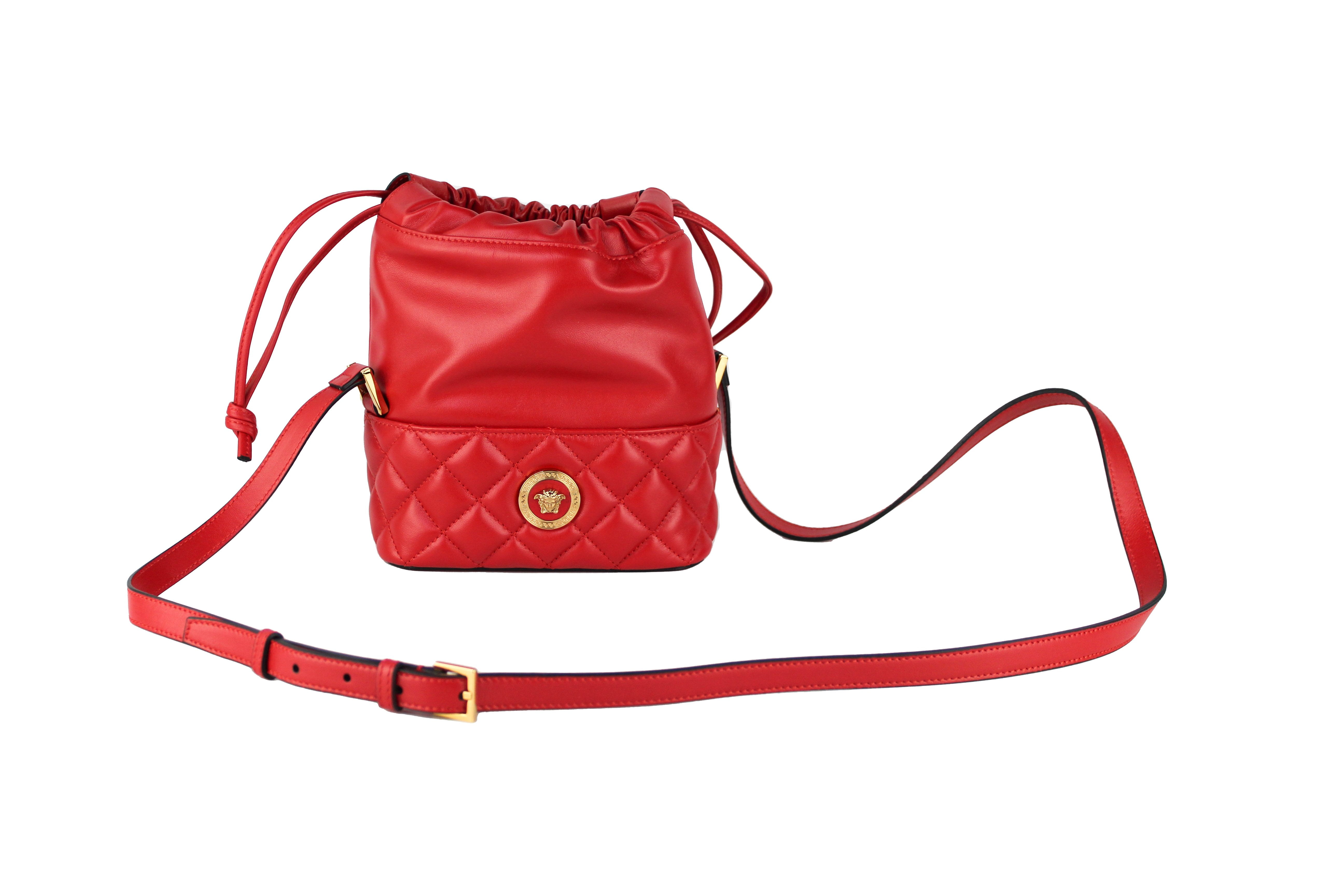 Versace Red Quilted Leather Drawstring Shoulder Bag Bucket Crossbody Handbag