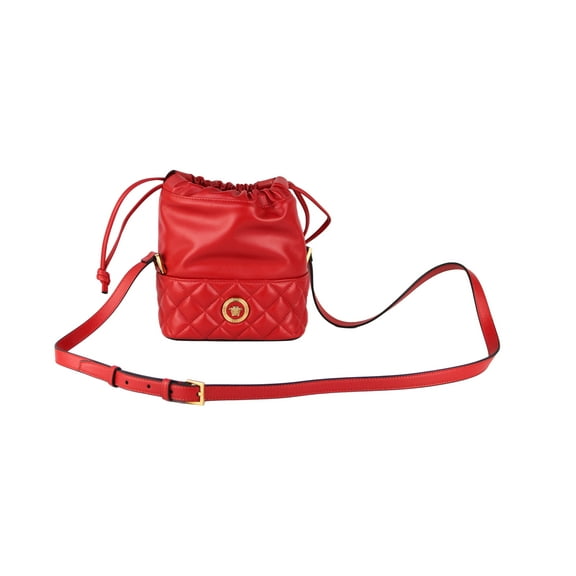 Versace Versace Red Quilted Leather Drawstring Shoulder Bag Bucket Crossbody Women's Handbag