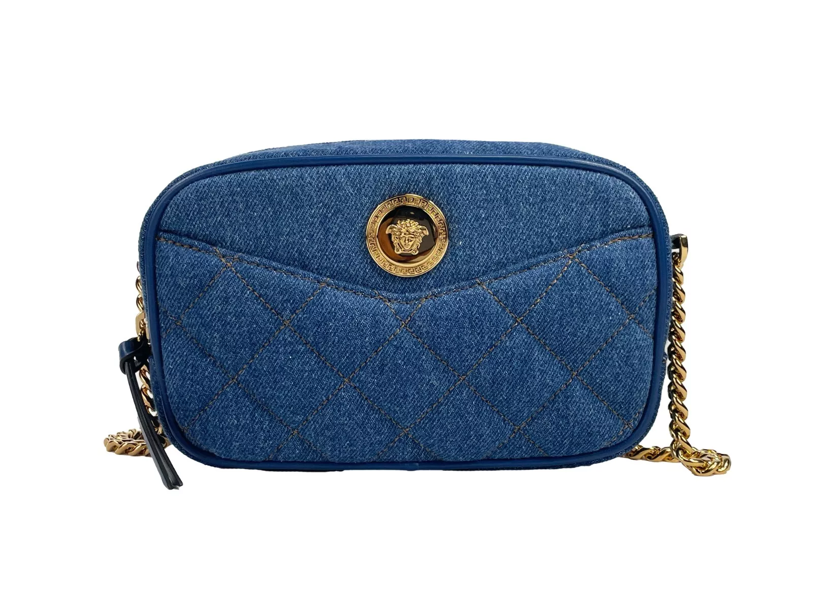 VERSACE Bag Blue Quilted Denim Leather Crossbody Shoulder