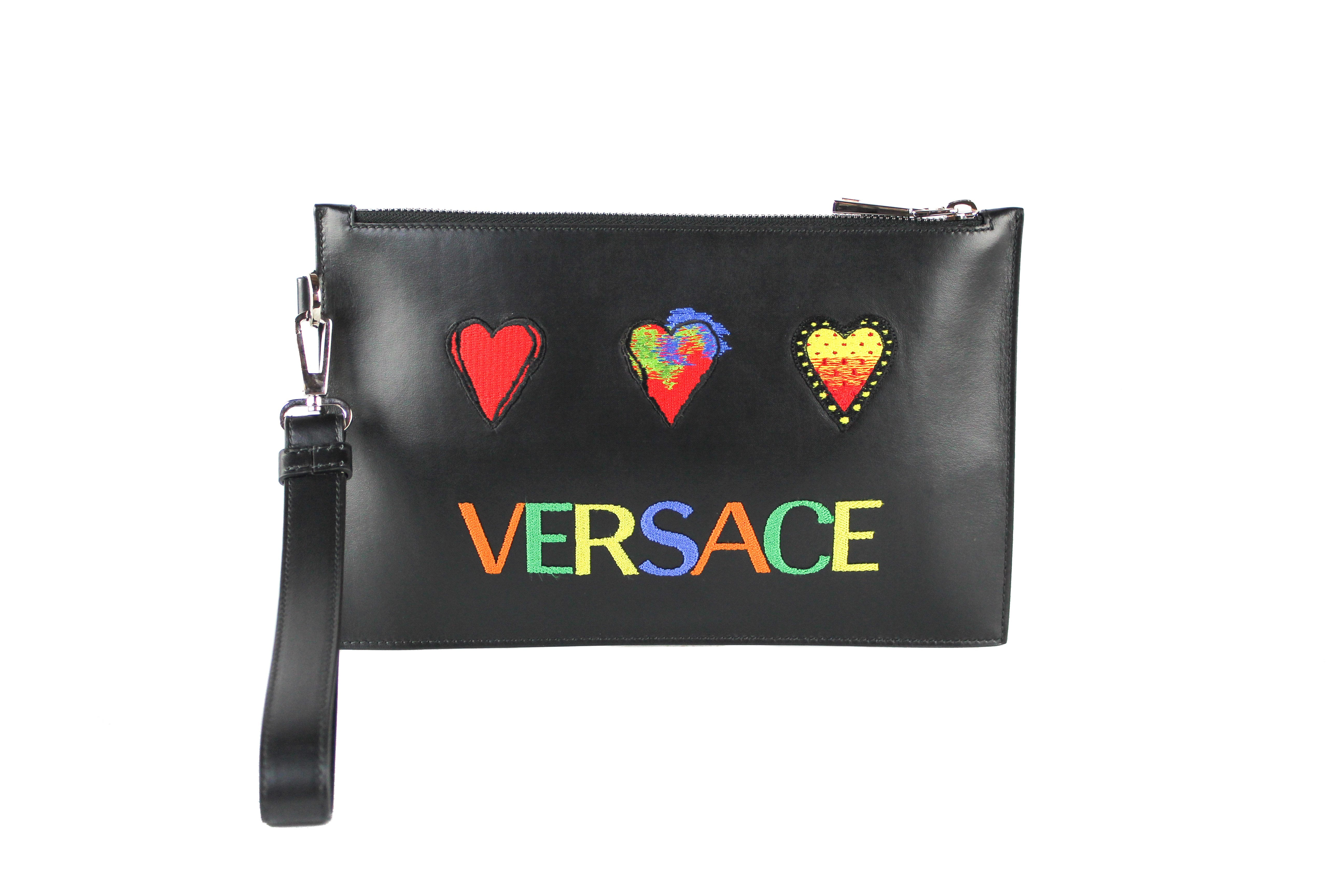 Versace Small Smooth Leather Embroidered Heart Patch Logo Pouch