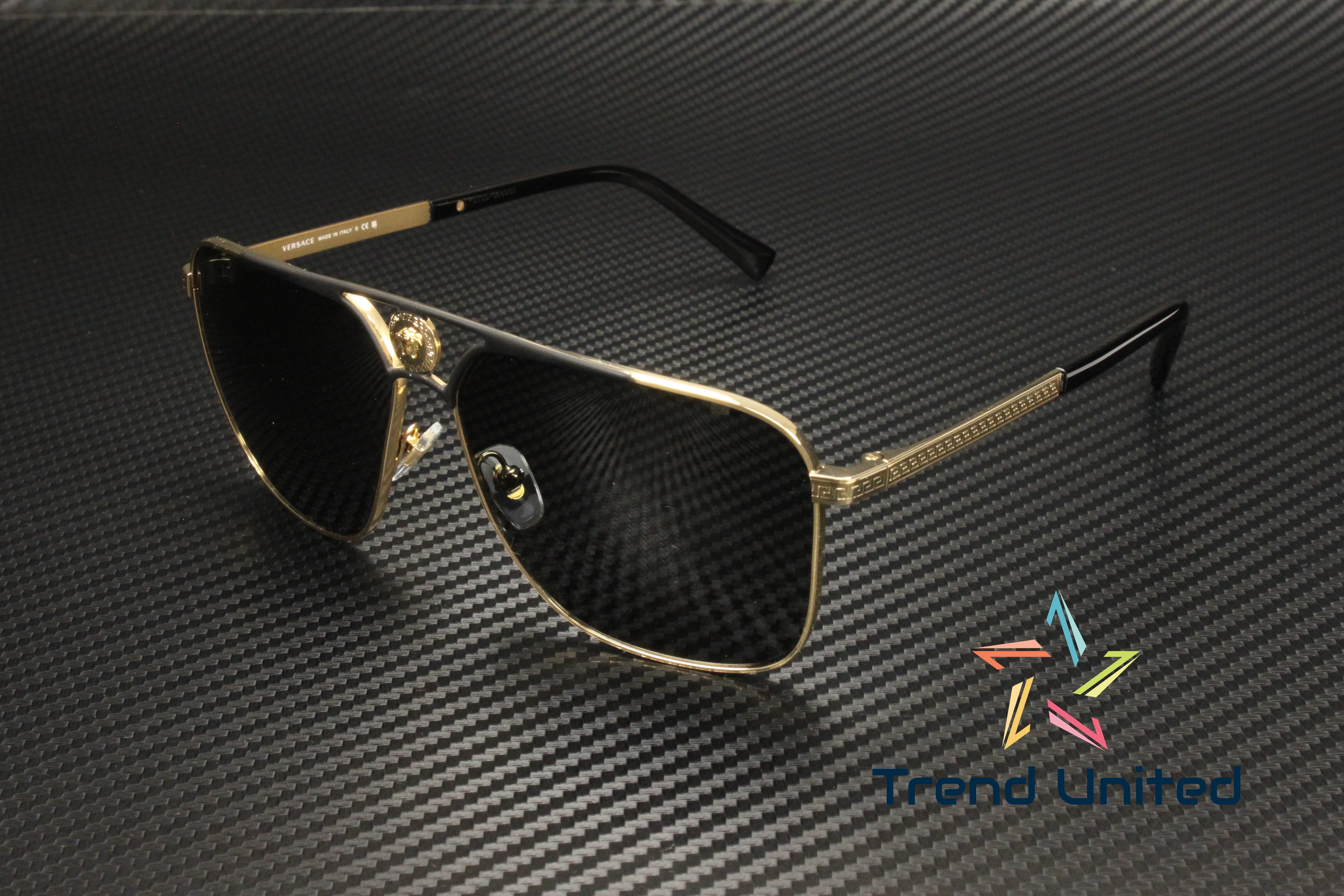 Versace VE 2238 Metal Unisex Rectangle Sunglasses Gold/Matte Black 61mm Adult