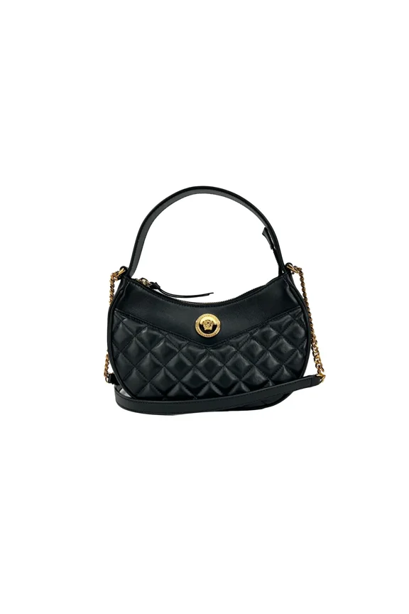 Quilted Black Leather Half Moon Chain Crossbody Women's Bag