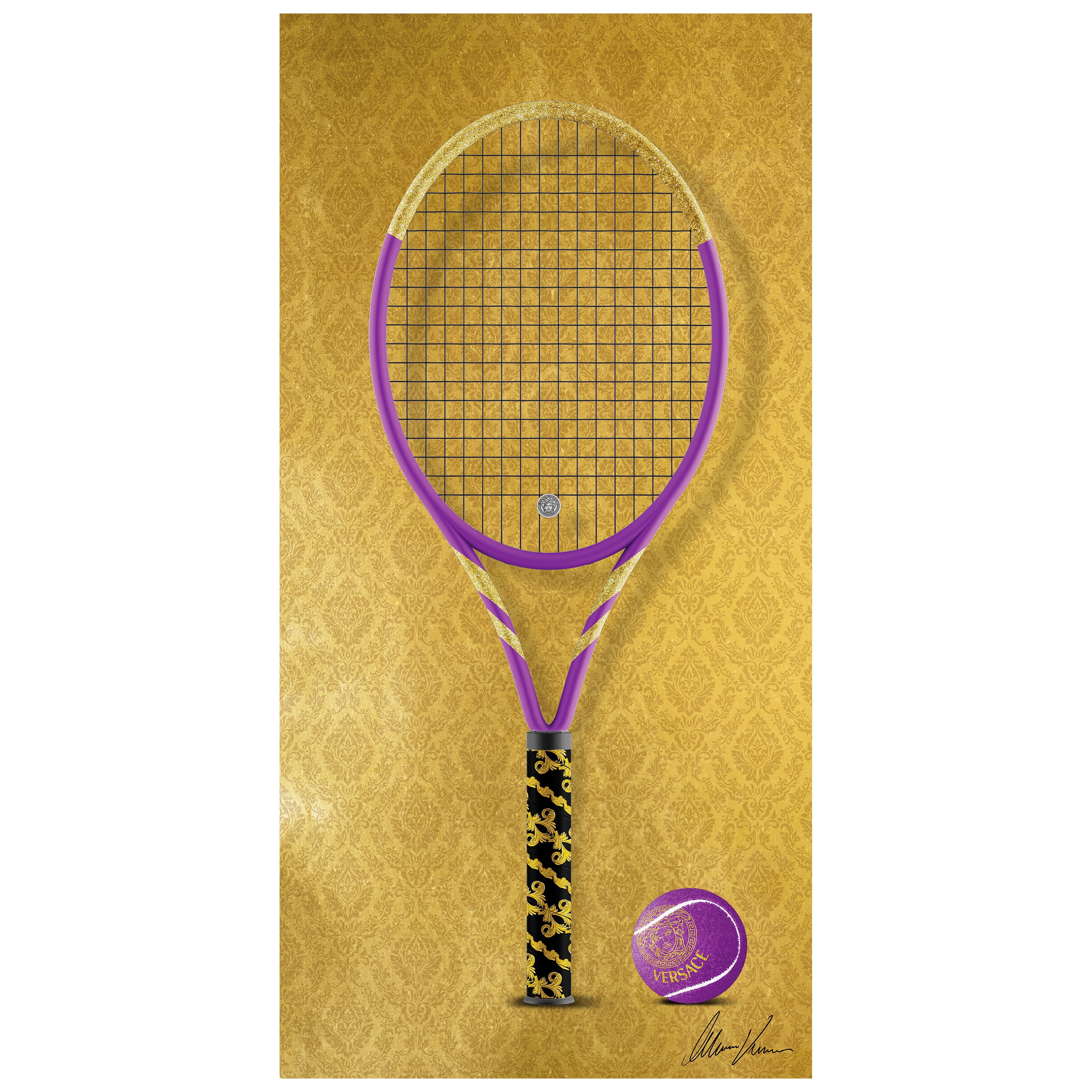 Versace Inspired Tennis Racquet Graphic Tempered Glass Wall Art, 24" x 48"