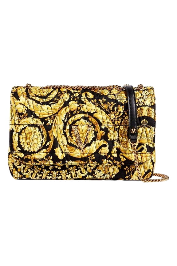 Virtus Barocco Print Quilted Black and Gold Silk Shoulder Bag