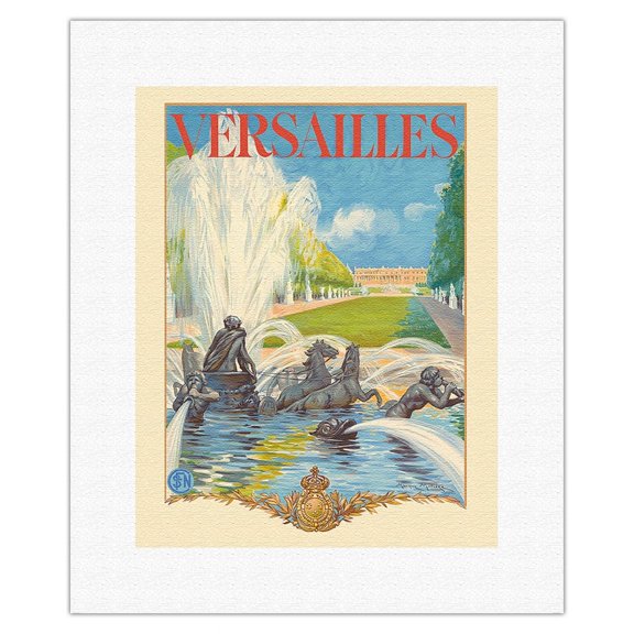 Versailles France - Apollo Fountain - SNCF (French National Railway) - Vintage Railroad Travel Poster by Maurice Milliere c.1930s - Fine Art Rolled Canvas Print 11in x 14in
