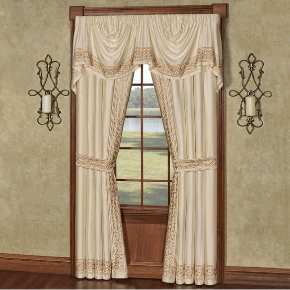 Versailles Royal Style Window Set, Embroidered Neutral Pearl Empire Valance & 84L Curtains