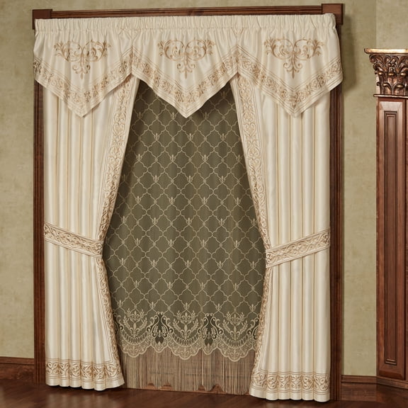 Versailles Royal Style Window Set, Gold-Embroidered Neutral Pearl, 3 Ascots & 84L Curtains