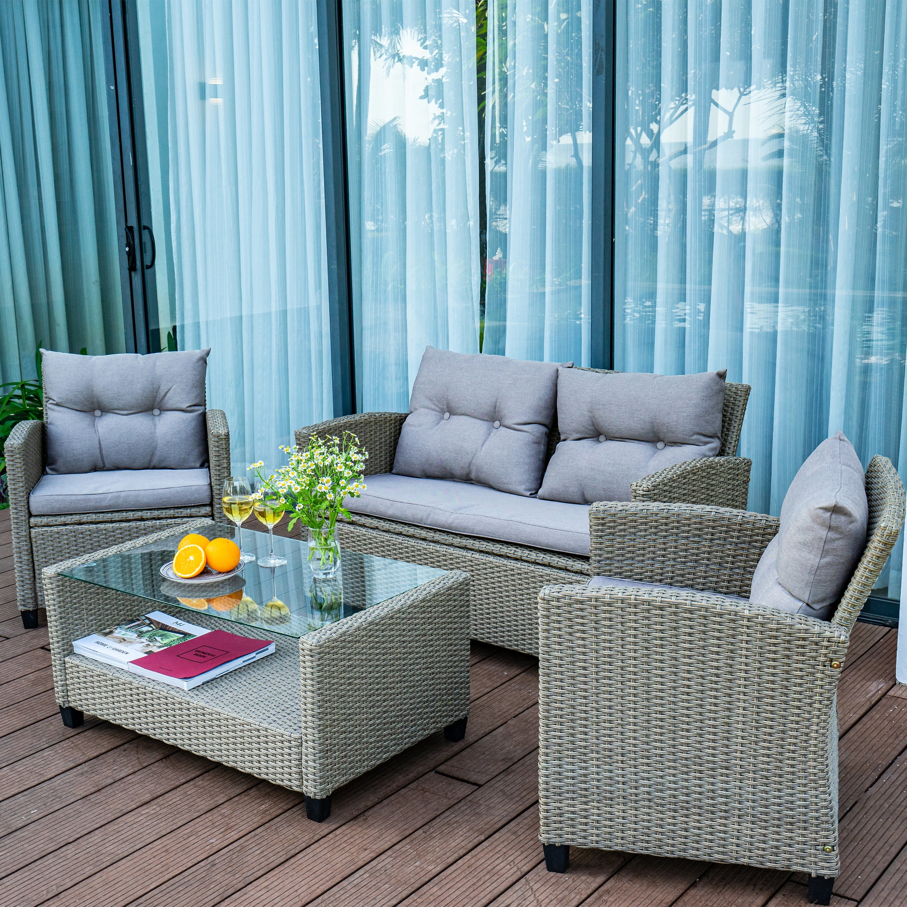 Versailles 4-Piece Gray Wicker Patio Conversation Set with Cushions
