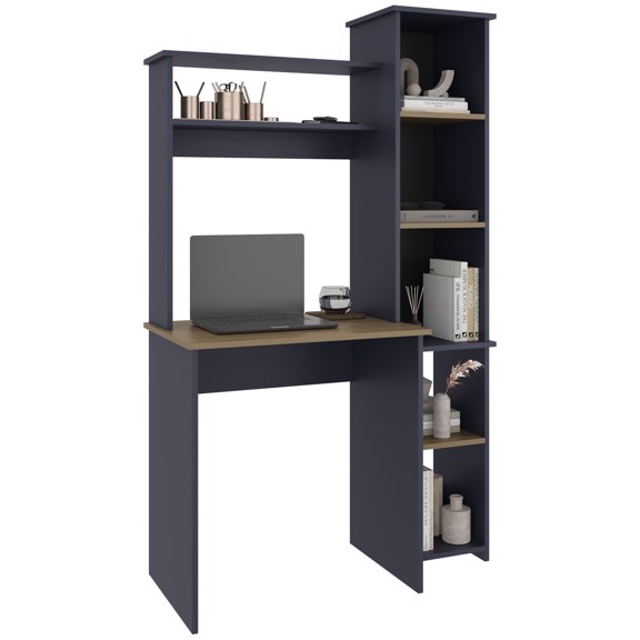 Versalles Writing Desk, Modern Studio Or Office Desk, Two Superior Shelves, And Five Side Open Shleves For Books Organization