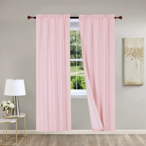 Versatil 2PC Set Pink Solid Color Light Blocking Panels White Backing Rod Pocket Window Curtain 37" W X 95" L Each Panel RR64-