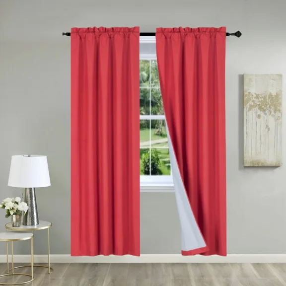 Versatil 2PC Set Red Solid Color Light Blocking Panels White Backing Rod Pocket Window Curtain 37" W X 95" L Each Panel RR64-