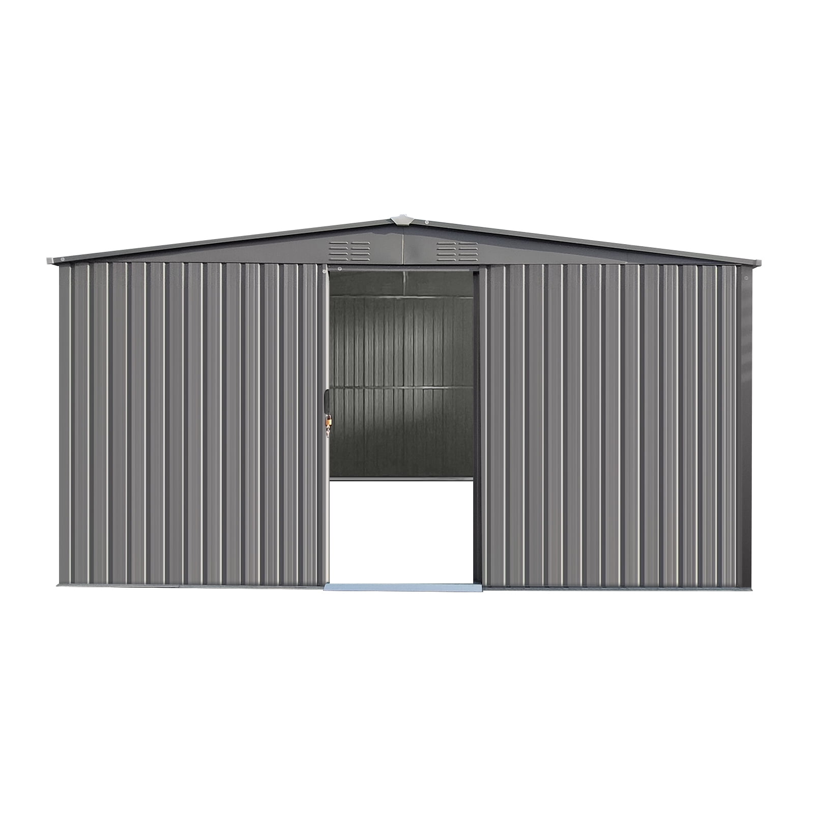 Versatile 11ft x 13ft Grey Outdoor Storage Shed – Dual Function as Metal Shed and Firewood Shed! Perfect for Organizing Tools and Storing Firewood in Style!