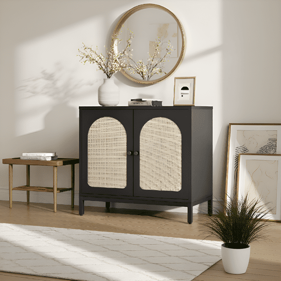 Versatile 2-Door Buffet Cabinet with Adjustable Shelf | Rattan & Wood Grain Sideboard for Dining Room & Hallway