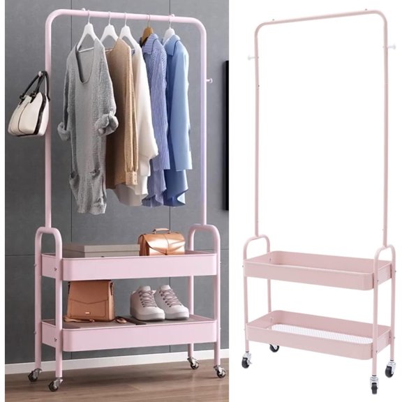 Versatile 2-Tier Rolling Clothes Rack with Metal Basket - Durable Carbon Steel, Space-Saving Design for Bedroom, Living Room, Laundry - Pink, Laundry Room Decor