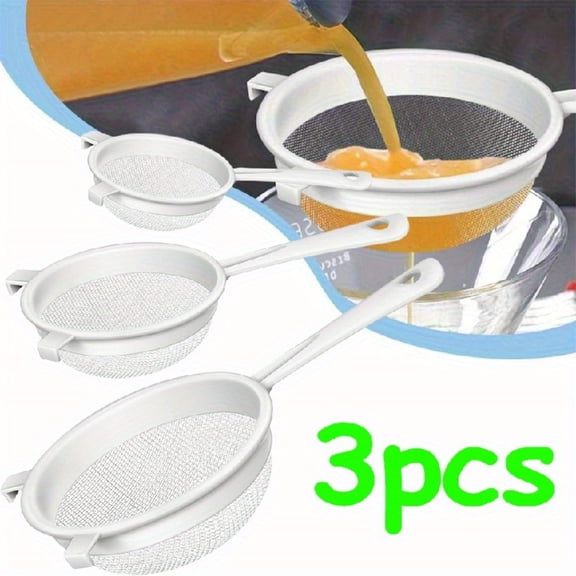 Versatile 3-Piece Kitchen Strainer Set with Plastic Nylon Mesh Construction, Double Ear Handles Provide Secure Grip, Perfect as Flour Sifter, Tea Strainer and Food Colander
