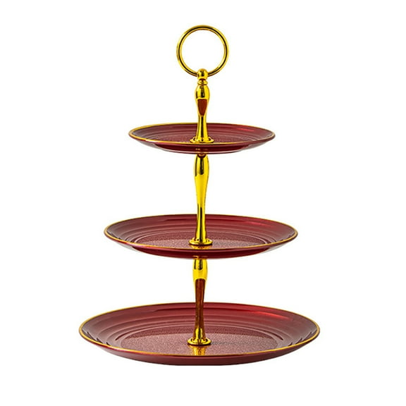 Versatile 3-Tier Cake Pastry Stand Plastic Fruit Cake Dessert Stand with Golden Handle Claret