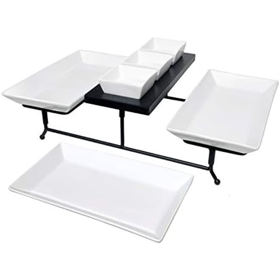 The Most Versatile 3 Tier Serving Tray. Collapsible Metal Stand with 3 Plates & 3 Bowls on Black Wood Base. Tiered Tray Party Food Server Display for appetizers, Cupcakes, Fruit, Cheese, Desserts.