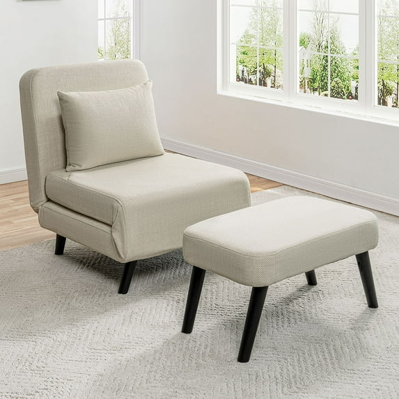 Versatile 3 in 1 Foldable Linen Chaise Lounge with Detachable Pillow, Adjustable Backrest,Chair Bed for Living Room,Beige