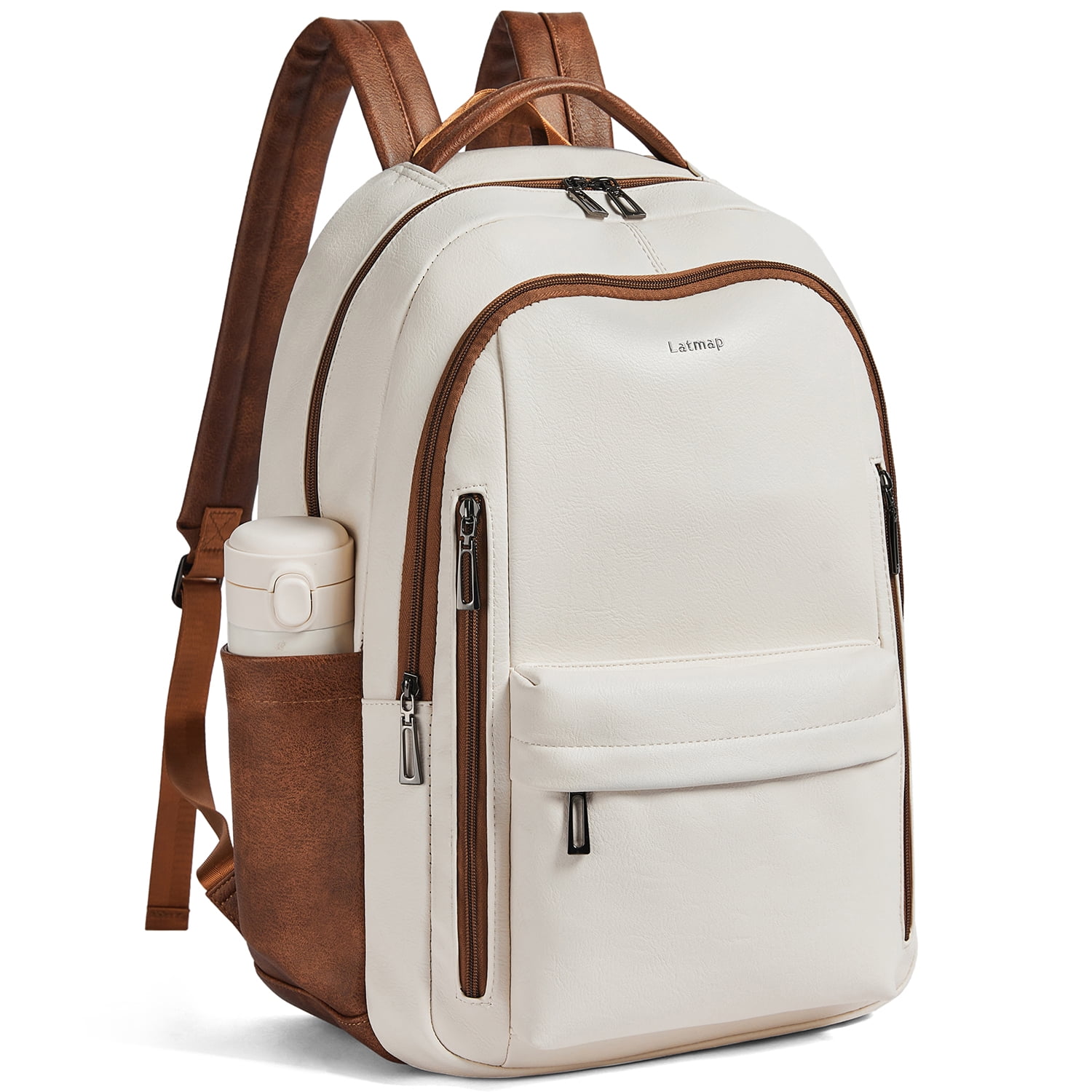 Versatile 30L Faux Leather Backpack Purse for Women & Men, Multi-Use Travel Work Laptop Backpack Bookbag, Fits 15.6" Laptop - Beige