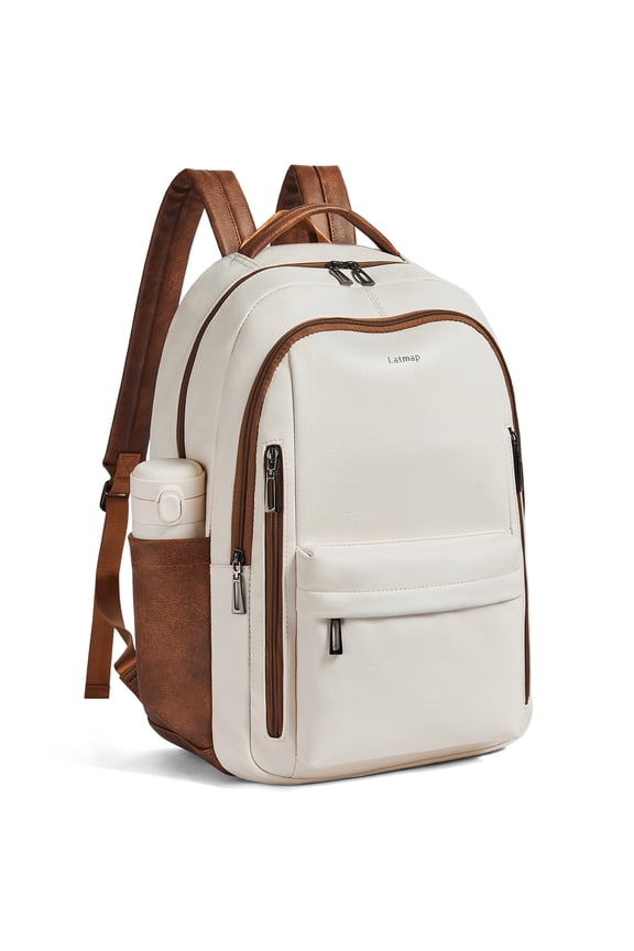 Versatile 30L Faux Leather Backpack Purse for Women & Men, Multi-Use Travel Work Laptop Backpack Bookbag, Fits 15.6" Laptop - Beige