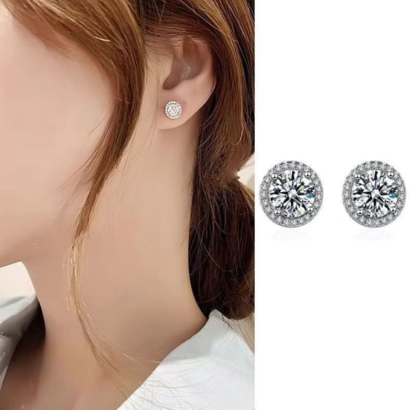 Versatile 4 Claw Round Stud Earrings Sparkling Zircon Silver Tone-Christmas present