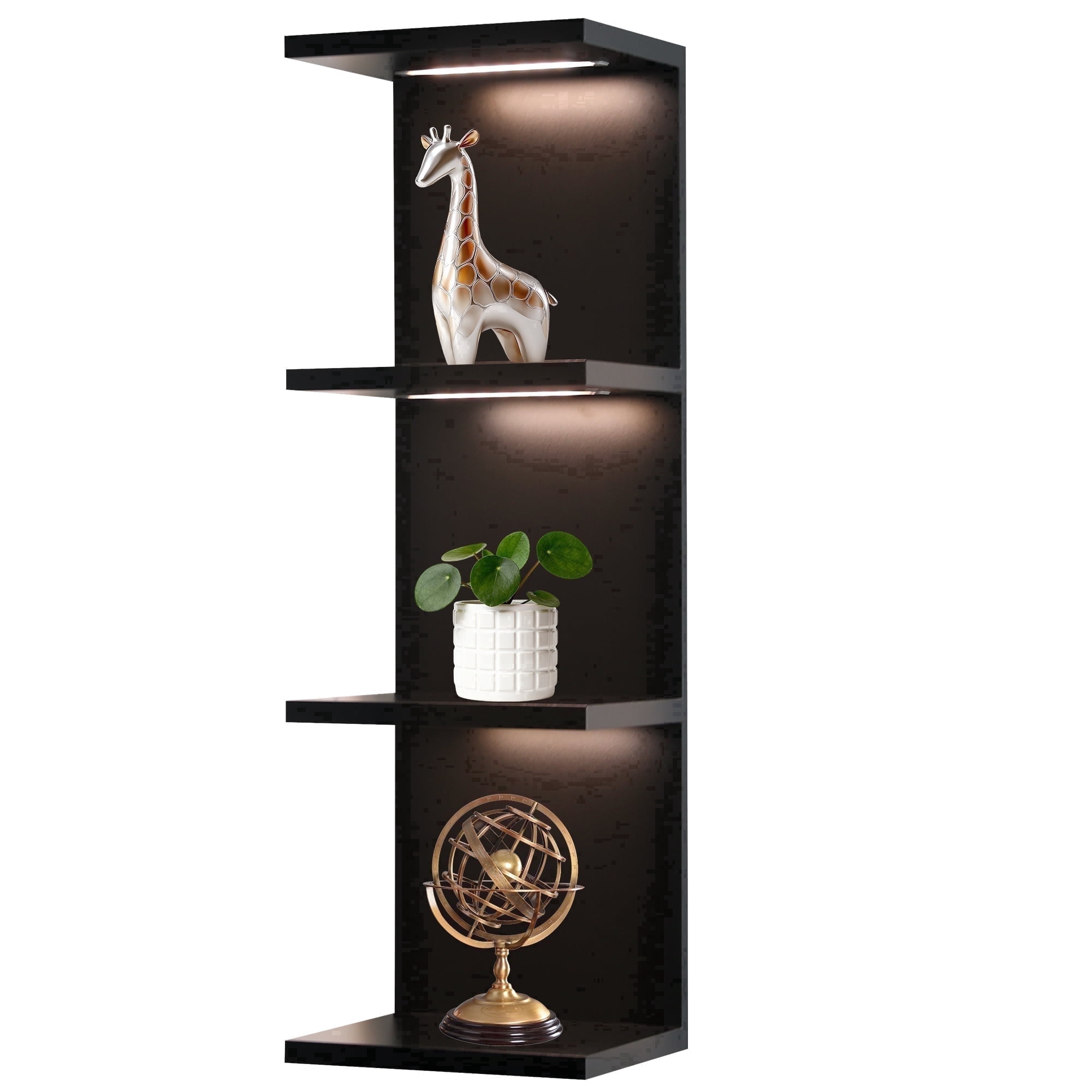 Versatile 4 Tier Wall Shelf Unit,Black Lack Wall Shelf,Display Floating Shelf with LED Remote Control Light