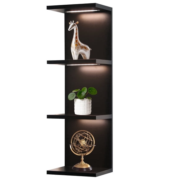 Versatile 4 Tier Wall Shelf Unit,Black Lack Wall Shelf,Display Floating Shelf with LED Remote Control Light