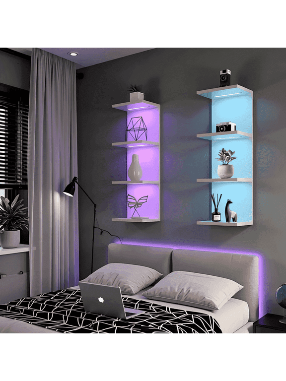 4-Tier Wall Shelf with 10 Rgb Lighting Modes, Multifunctional Wall Mounted Vertical Display Floating Shelf for Bedroom Living Room Vanity, White