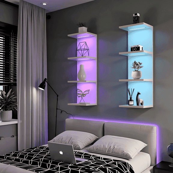 4-Tier Wall Shelf with 10 Rgb Lighting Modes, Multifunctional Wall Mounted Vertical Display Floating Shelf for Bedroom Living Room Vanity, White