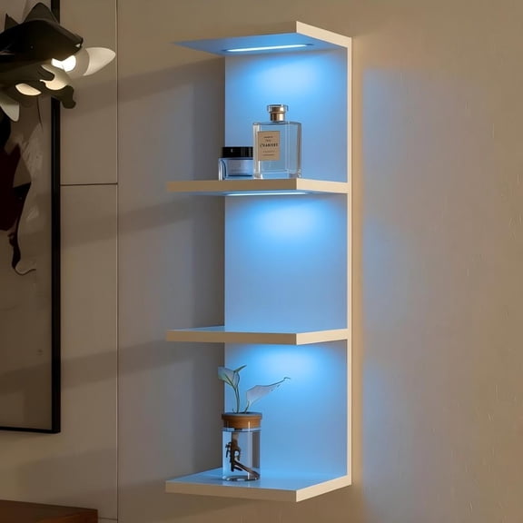 4-Tier Wall Shelf with 10 RGB Lighting Modes, Multifunctional Wall Mounted Vertical Display Floating Shelf for Bedroom Living Room Vanity, White
