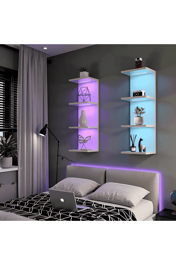 4-Tier Wall Shelf with 10 Rgb Lighting Modes, Multifunctional Wall Mounted Vertical Display Floating Shelf for Bedroom Living Room Vanity, White