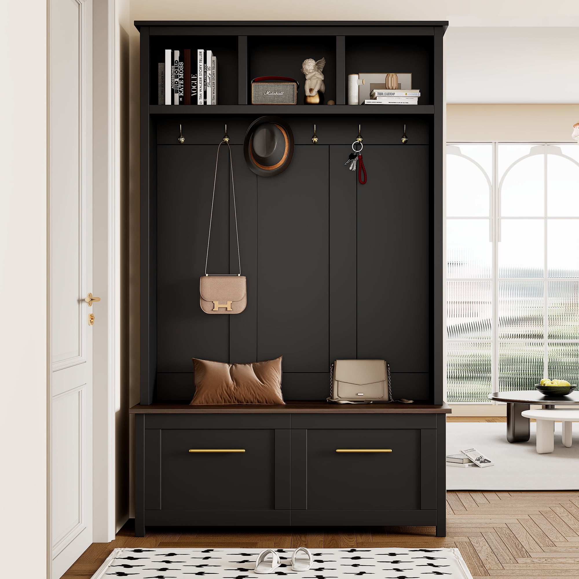 Black and Brown Hall Tree with Golden Hooks and Storage Drawers