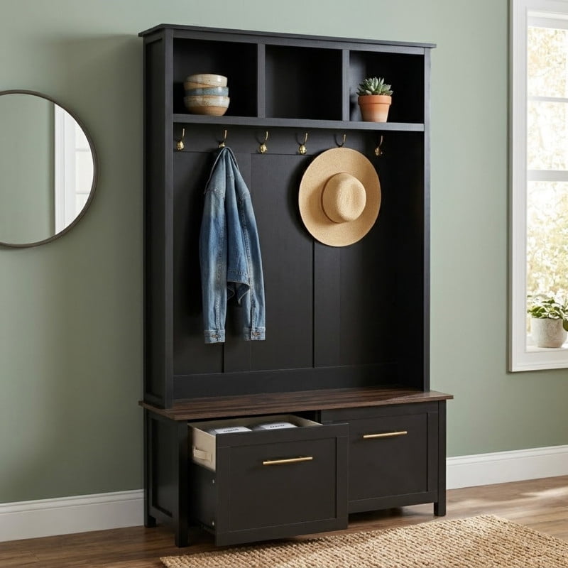Versatile 4-in-1 Hall Tree with 6 Golden Hooks, Entryway Bench with 2 Drawers, Entryway Coat Rack with Top Storage for Living Room, Hallway