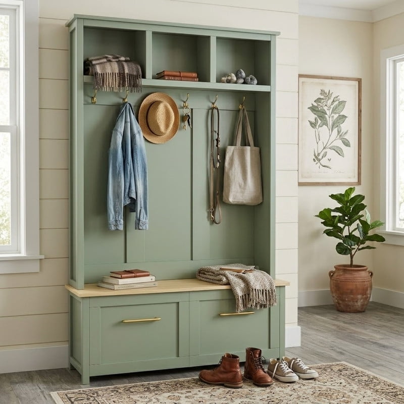 Versatile 4-in-1 Hall Tree with 6 Golden Hooks, Entryway Bench with 2 Drawers, Entryway Coat Rack with Top Storage for Living Room, Hallway