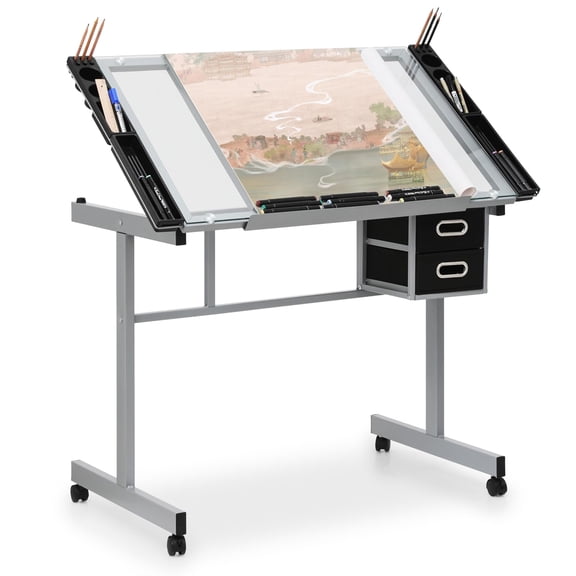 Versatile 41" Drafting Table with Tempered Glass Top, Adjustable Drawing Desk for Painting Craft Office, Includes Fabric Drawers 360 Casters, Light Grey