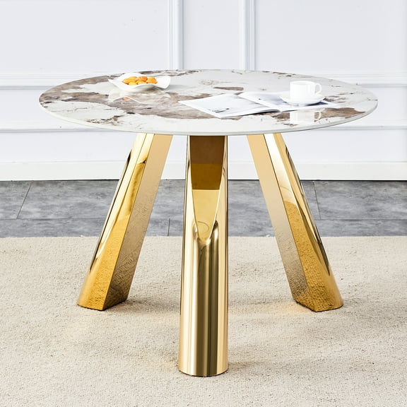 Versatile 42" Round Table With White Vitrified Stone And Golden Leg Components For Modern Homes Elegant 42-inch Dining