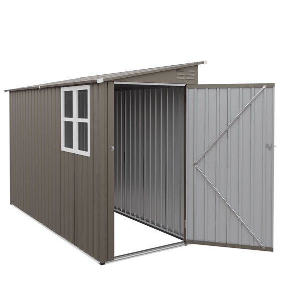 Versatile 4x9 Feet Olive Grey Metal Storage Shed Featuring Galvanized Thick Frame and Ventilation Slots,  Natural Light Windows  for Backyard Tool and Equipment Storage