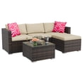 thumbnail image 1 of Versatile 5-Piece Outdoor Patio Furniture Set – All-Weather Brown Four-Line Rattan Sectional Sofa with Khaki Cushions, Red Pillows, Glass Coffee Table & Ottoman – For Garden, Backyard, Poolside, 1 of 9