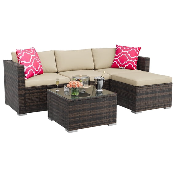 Versatile 5-Piece Outdoor Patio Furniture Set – All-Weather Brown Four-Line Rattan Sectional Sofa with Khaki Cushions, Red Pillows, Glass Coffee Table & Ottoman – For Garden, Backyard, Poolside