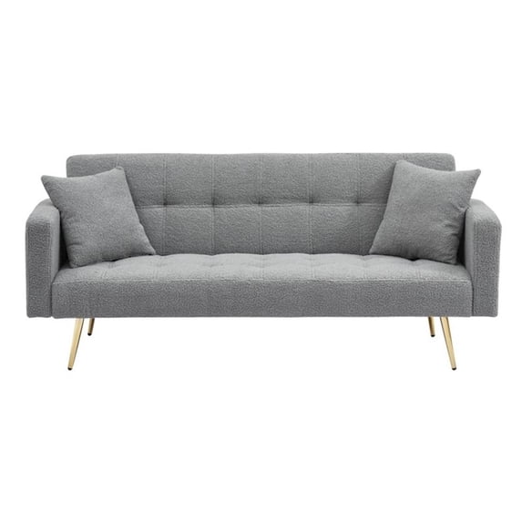 Versatile 71.7 Inch Gray Teddy Fleece Fabric Sofa Bed with 2 Comfy Throw Pillows