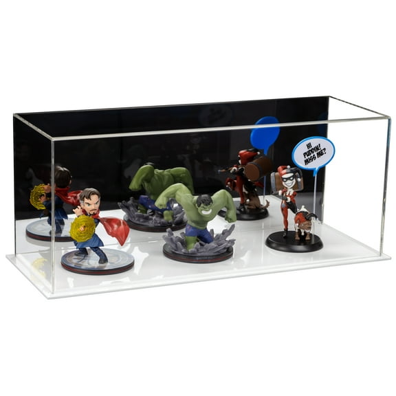 Versatile Acrylic Display Case - Large Rectangle Box with Mirror and White Base 17" x 6" x 7" (A019-M-WDS)