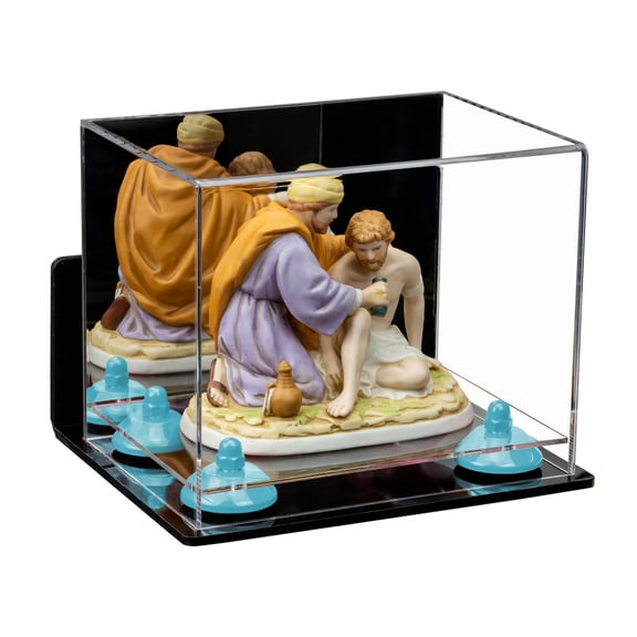 Versatile Acrylic Display Case - Small Rectangle Box with Mirror, Wall Mount, Blue Risers and Clear Base 8.25" x 6" x 6.75" (A003-BLR)