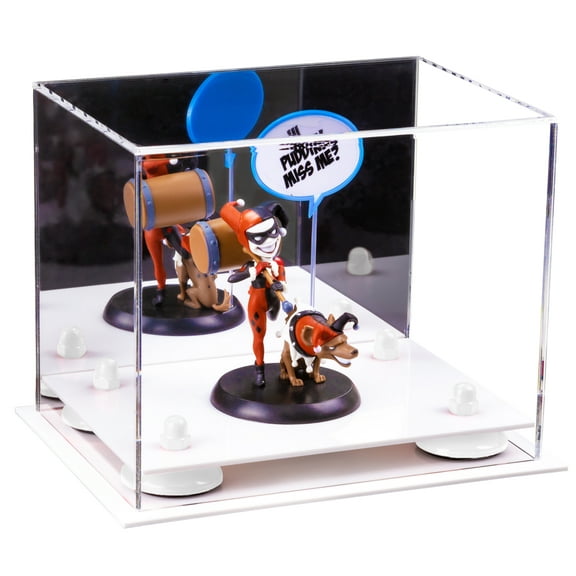 Versatile Acrylic Display Case - Small Rectangle Box with Mirror, White Risers and White Base 8.25" x 6" x 6.75" (A003-WR)