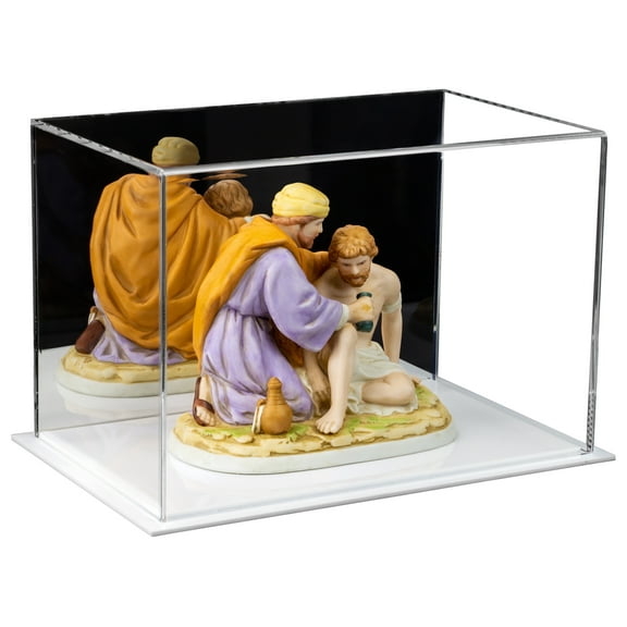 Versatile Acrylic Display Case - Small Rectangle Box with Mirror and White Base 9.5" x 6" x 6.75" (A005-M-WDS)