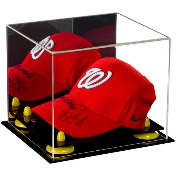 Acrylic Baseball Cap Display Case with Mirror and Yellow Risers (A006-YR)