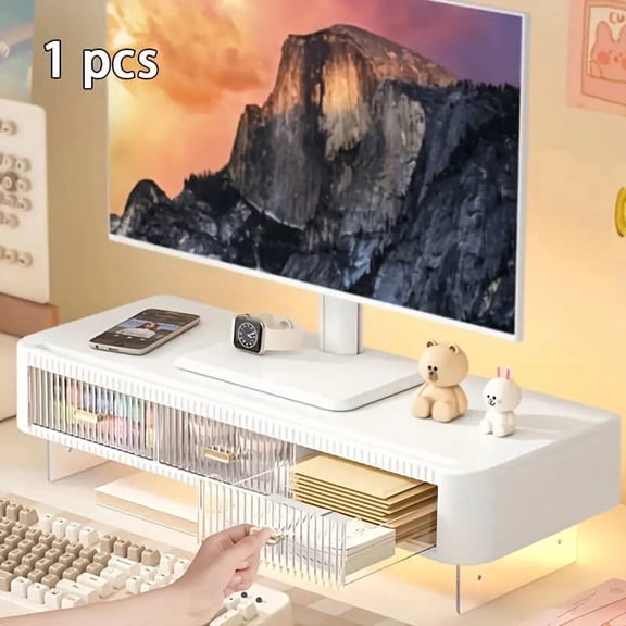 A Versatile Acrylic Monitor Riser with Adjustable Height, Featuring Dual Drawers And an Open Shelf. This Robust Desktop Organizer Includes a Cable Management System