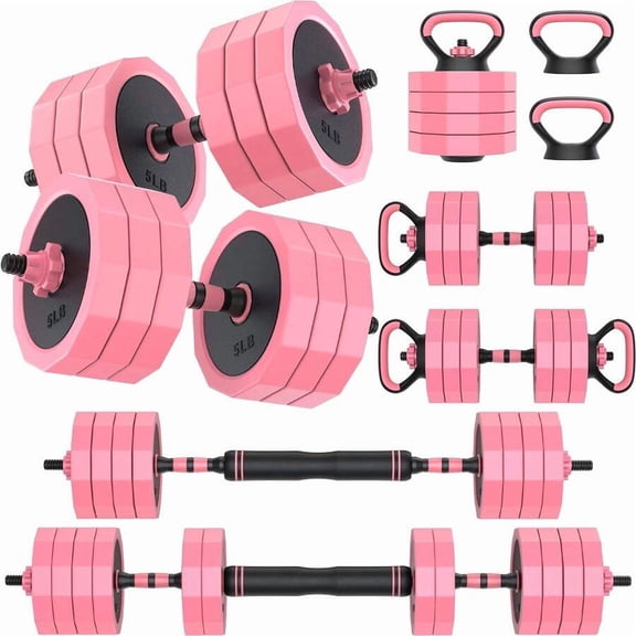 Versatile Adjustable Pink Vinyl Dumbbell Weight Set With Connecting Bar And Kettlebell Handles For Home Gym Fitness Training Muscle Strength Toning Yoga Pilates Exercise,535397172