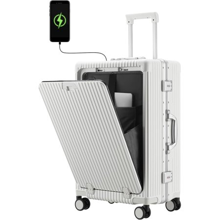 Versatile Aluminum Frame Carry-On Luggage with USB Charging Port, Front Compartment, TSA Lock, Airline Approved Carry On Hardside Suitcase with Spinner Wheels(White, 20-lnch)