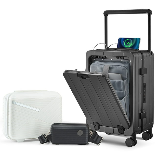Versatile Aluminum Frame CarryOn Luggage with USB Charging Port, Front