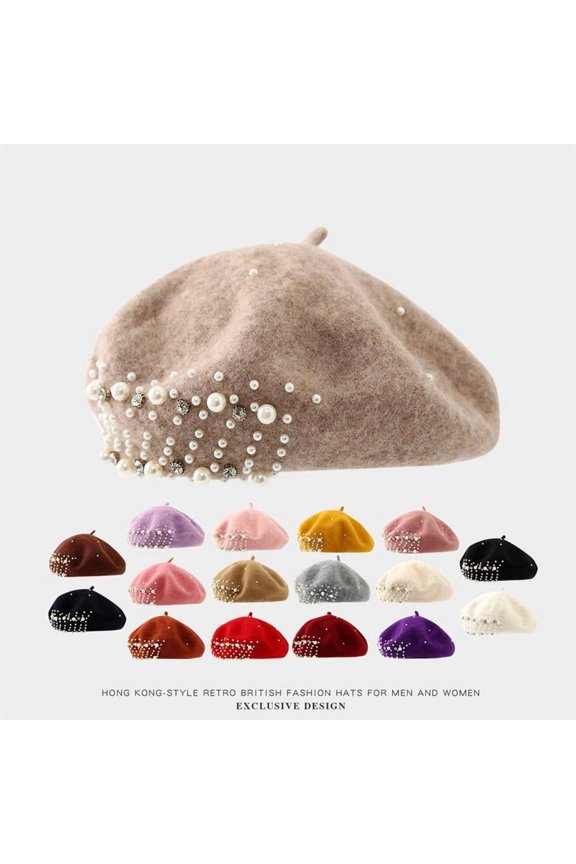 Versatile Beret Knitted Pearl Women's Winter British Retro Pumpkin Hat 1Pcs